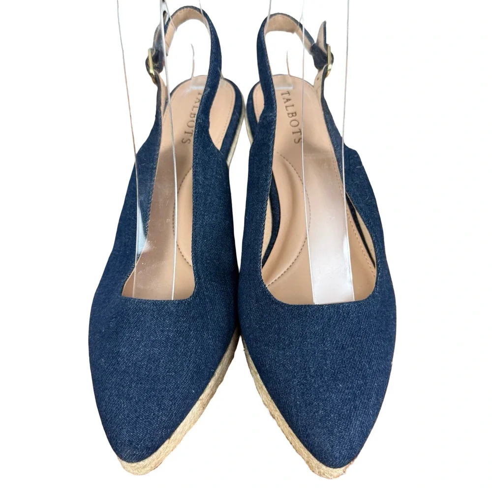 Talbots Vivi Slingback Denim Espadrille Wedge Point Toe Heels Shoes Blue sz 7 M
